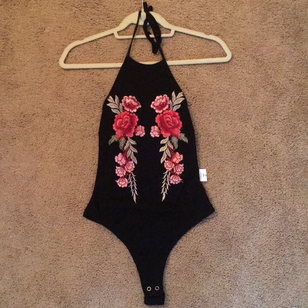 Black Halter Body Suit with Floral Detail
